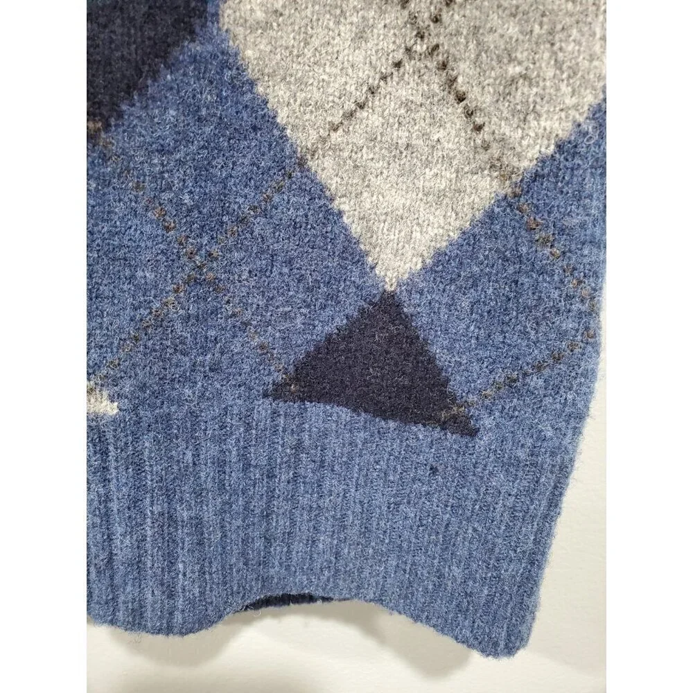 J Crew Vest Sweater Mens Large Blue Check Lambswool V Neck Classic Knit Pullover